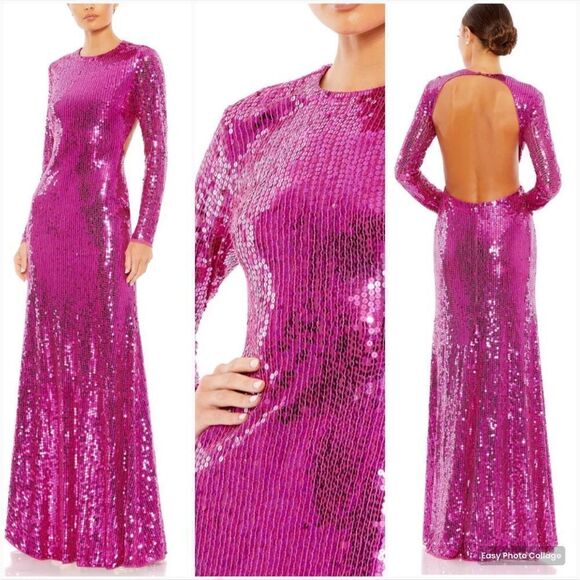 Mac Duggal 10891 Womens Pink SEQUINED LONG SLEEVE HIGH NECK OPEN BACK GOWN